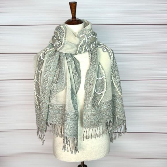 Wool Embroidered Paisley Shawl Wrap in Gray and Cream with Sequins - Picture 2 of 12